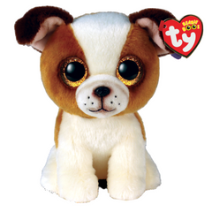 TY - Beanie Boos Hugo is a 15 cm plush brown and white dog with large shiny eyes and a soft, cuddly texture.