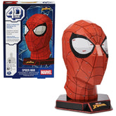 4D Build Marvel Spider-Man 3D puzzle kit featuring a completed Spider-Man head model with a web-like pattern and display stan