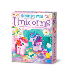 4M 3D Mould & Paint Glitter Unicorns kit features colorful unicorns and components in glossy plastic, set against a white bac