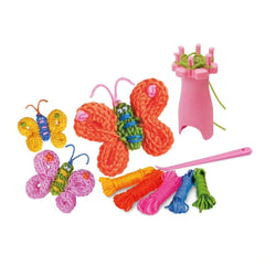 4M French Knit Butterfly Kit features colorful yarn butterflies in pink, yellow, orange, green, blue, and purple on a pink ba
