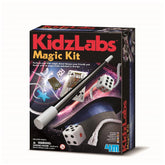 KidzLabs Magic Kit packaging features a black background, large white and red text, a top hat, dice, and a wand.