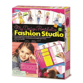 4M KidzMaker My Design Portfolio Fashion Studio packaging features a pink glossy background with white text and fashion illus