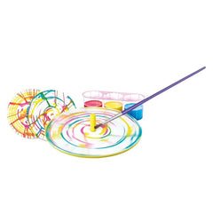 4M Little Craft Spin Art features a glossy yellow center and a rainbow-patterned background on a white table surface.