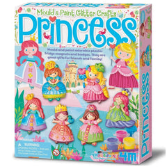 4M Mould & Paint Glitter Crafts Princess kit in blue packaging featuring pink and green princesses with yellow accessories.