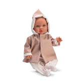 ASI Dolls Leo wearing a pink raincoat and floral pajamas, sitting with an arm raised, featuring expressive eyes.