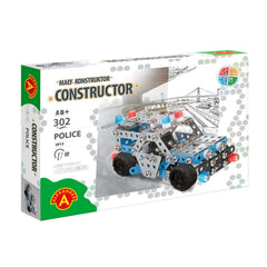 Constructor Police Car set with 302 metal and plastic pieces for creative building, shown in colorful packaging.