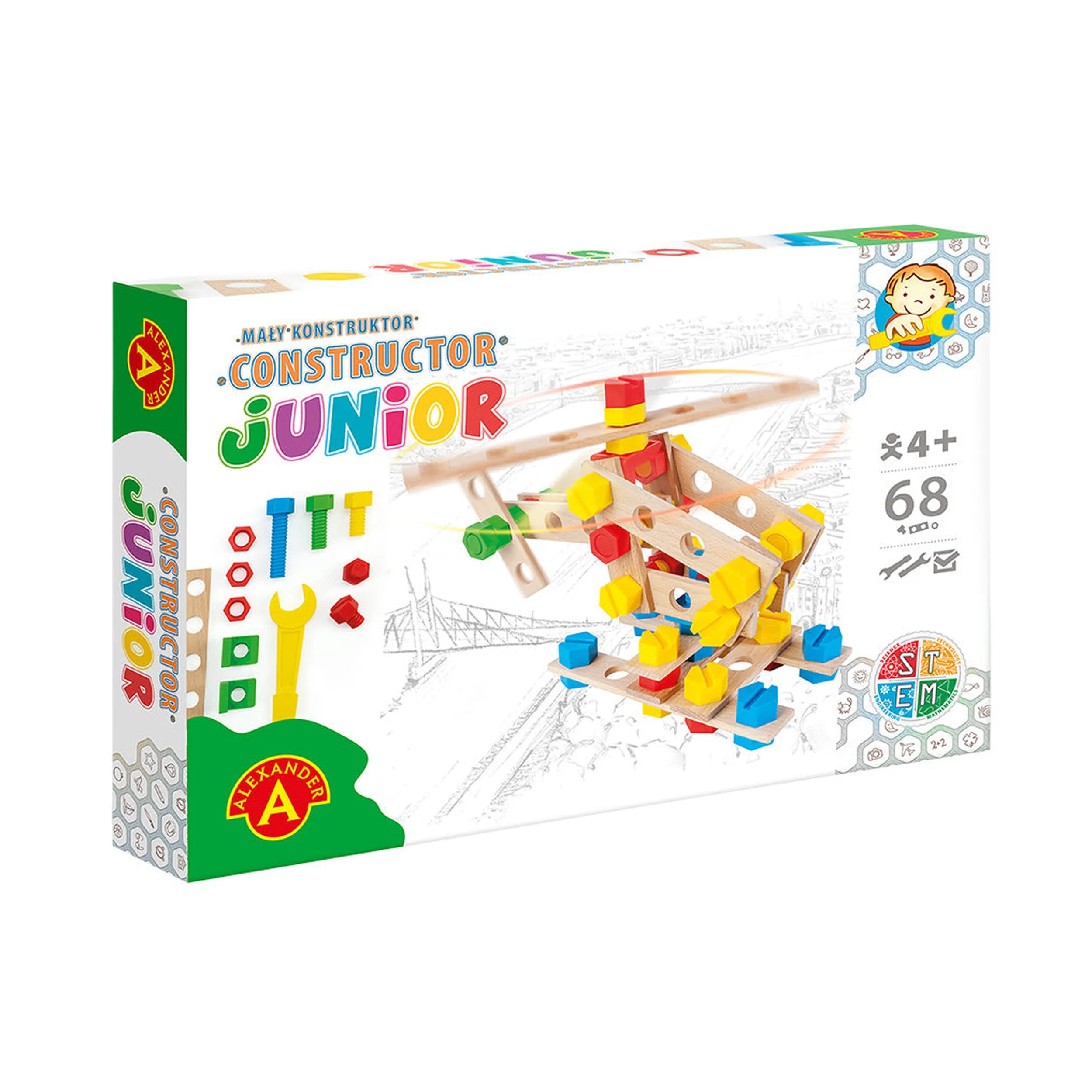 Alexander Constructor Junior Wooden Helicopter Set, 68 pieces, age 4+, colorful parts on box.