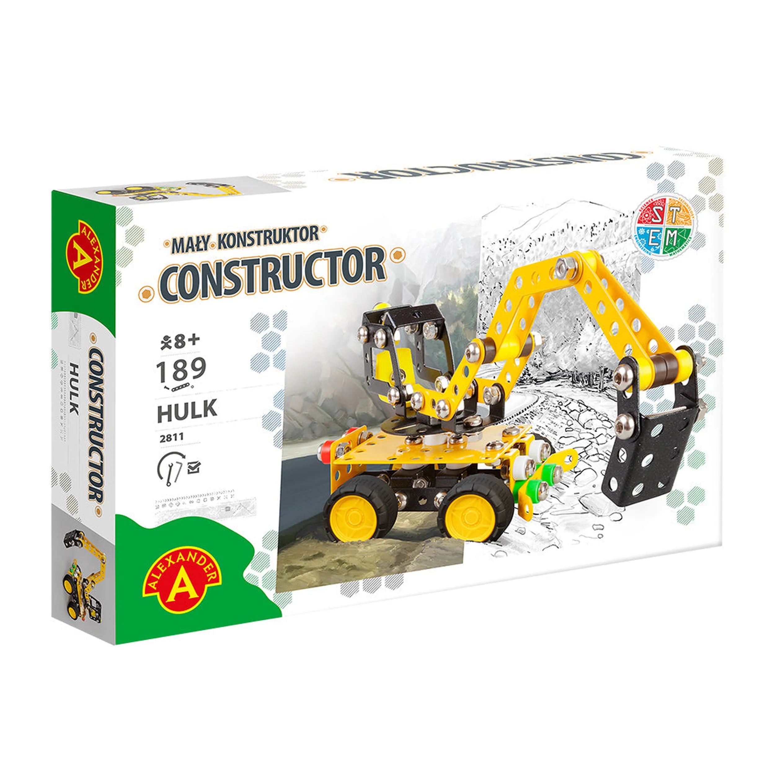 Alexander Excavator Constructor set, yellow and black metal toy with 189 pieces for ages 8+, Mały Konstruktor series.