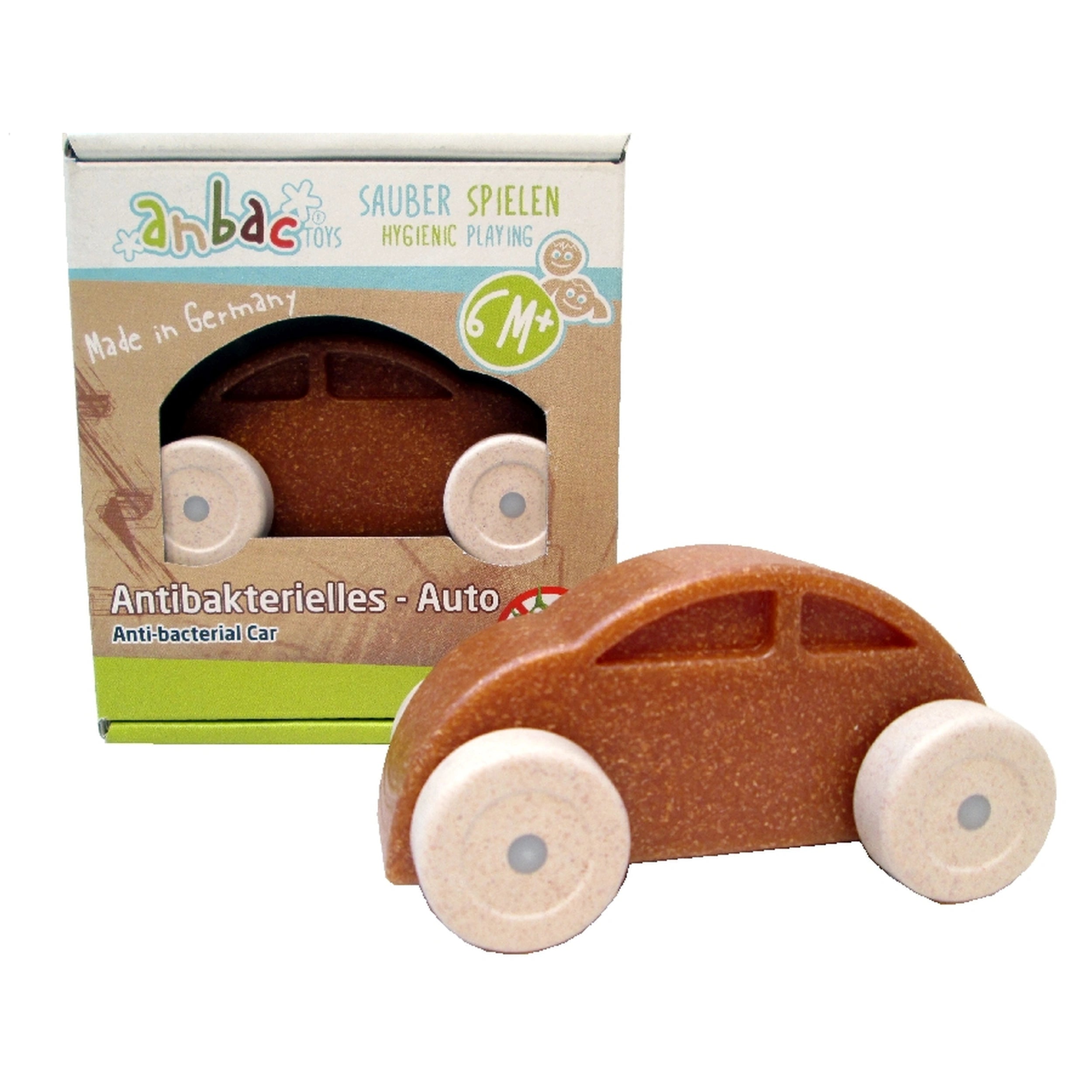 Brown and white toy car with antibacterial box packaging, suitable for infants 6 months and older.