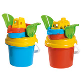 Azure and orange beach sets with buckets, boats, and green spades stacked together.