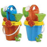 Two colorful beach buckets with watering cans, shovels, rakes, and fun-shaped molds for sand play.