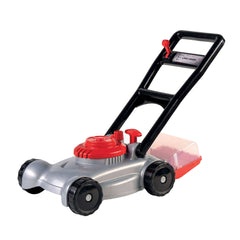 Silver androni toy lawn mower with red accents and black handle.