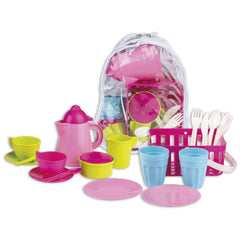 Colorful pretend picnic set with a transparent backpack, pink coffee pot, cups, plates, cutlery, and basket.