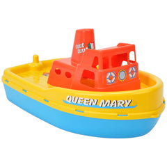 Bright yellow and blue Queen Mary toy boat with red cabin and chimney, featuring life ring and horn details.