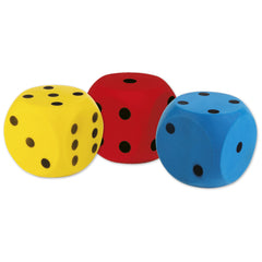 Three soft sponge dice in red, yellow, and blue with black dots, ideal for children's play.