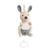Soft beige kangaroo plush with blue ears, musical ring, and embroidered pouch, designed as a soothing baby carillon toy.