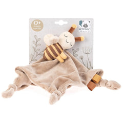 Soft beige comforter with a plush bee rattle; brown stripes, smiling face, knotted corners. Suitable for newborns 0+ months.