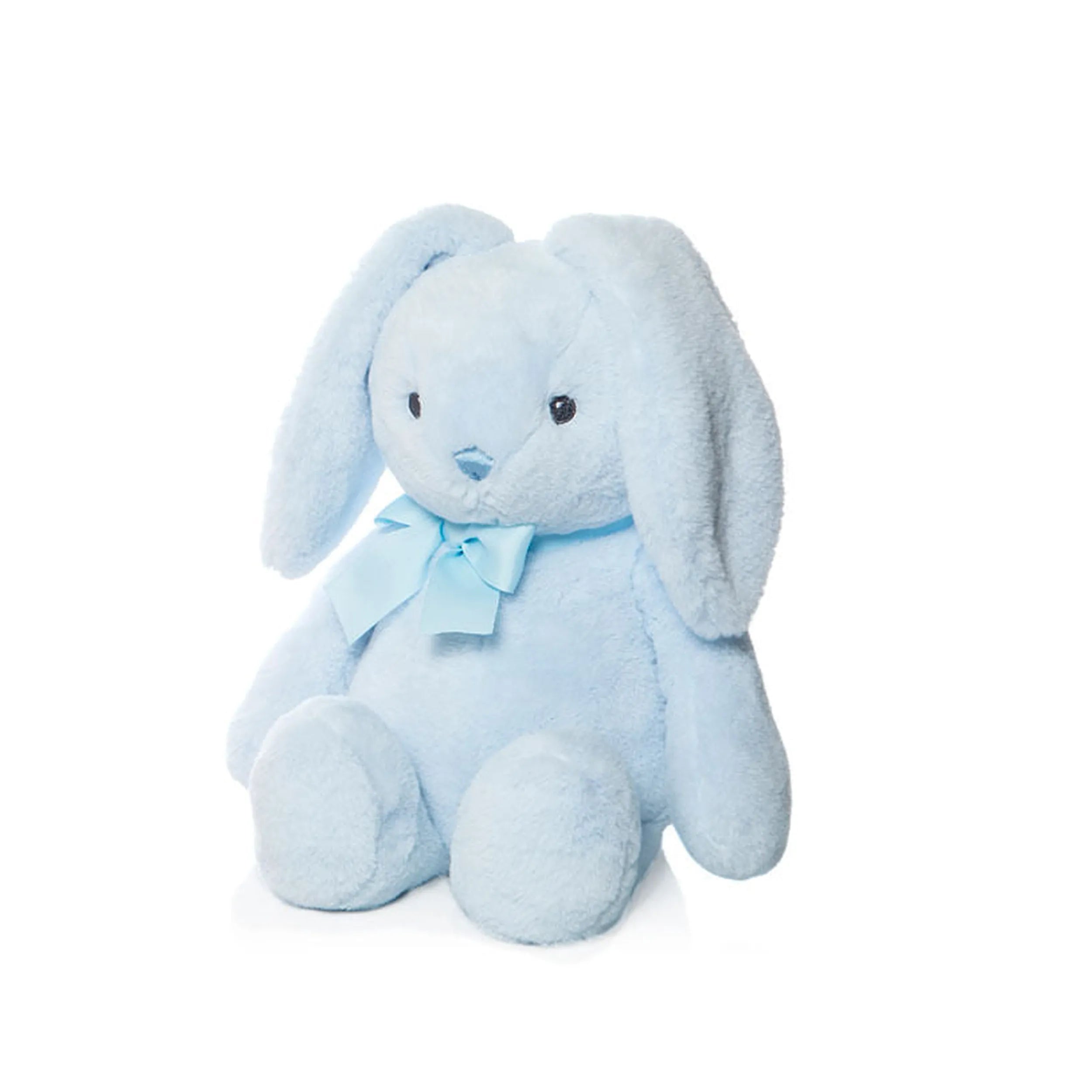 Light blue rabbit plush with floppy ears and a matching bow, 25 cm tall, soft texture, ideal for children and decor.