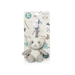 Gray and white Artesavi Panda Rattle Plush with a clip, suitable for newborns, displayed on decorative packaging.