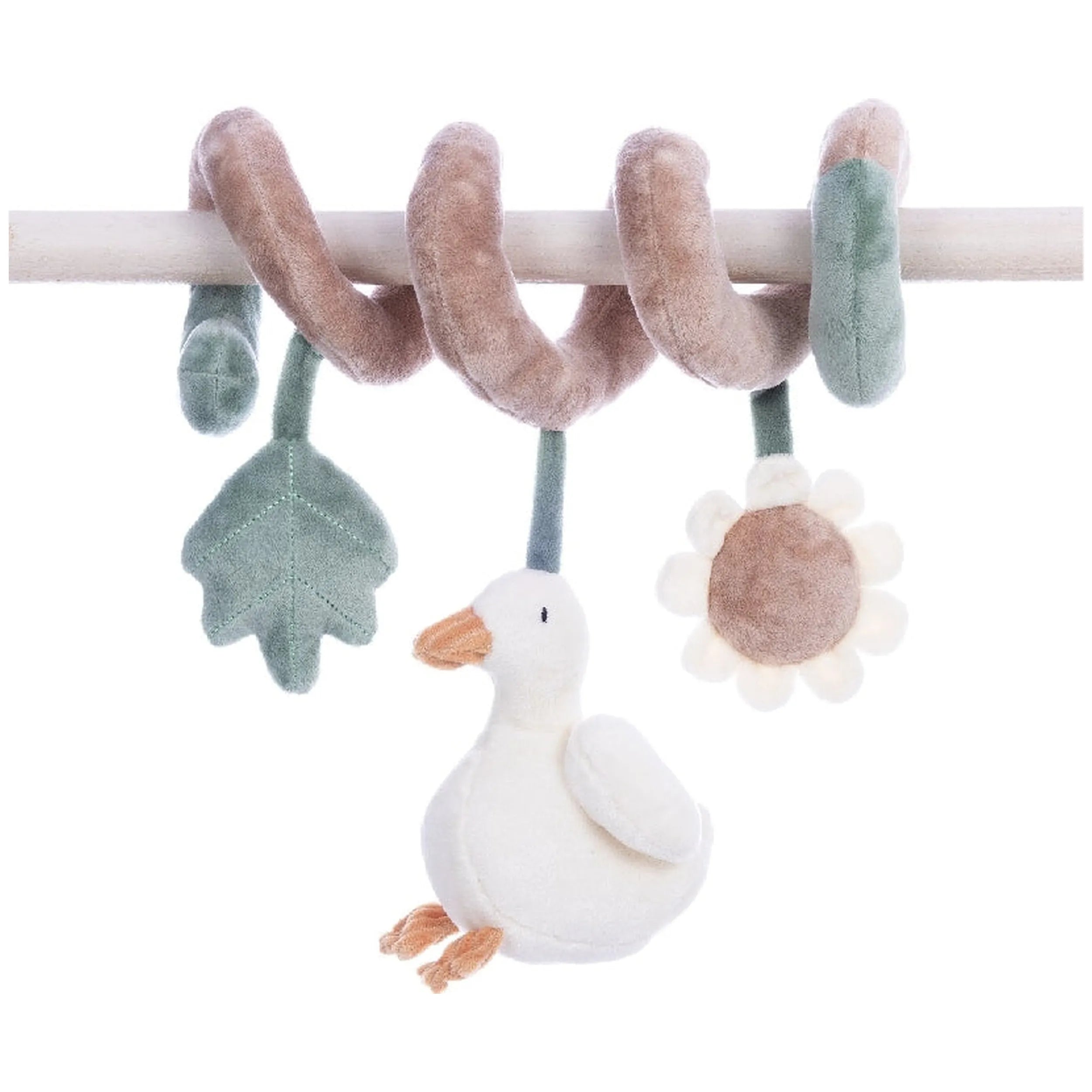 Plush spiral toy with duck, leaf, and flower attachments in soft pastel colors hanging on a rod.