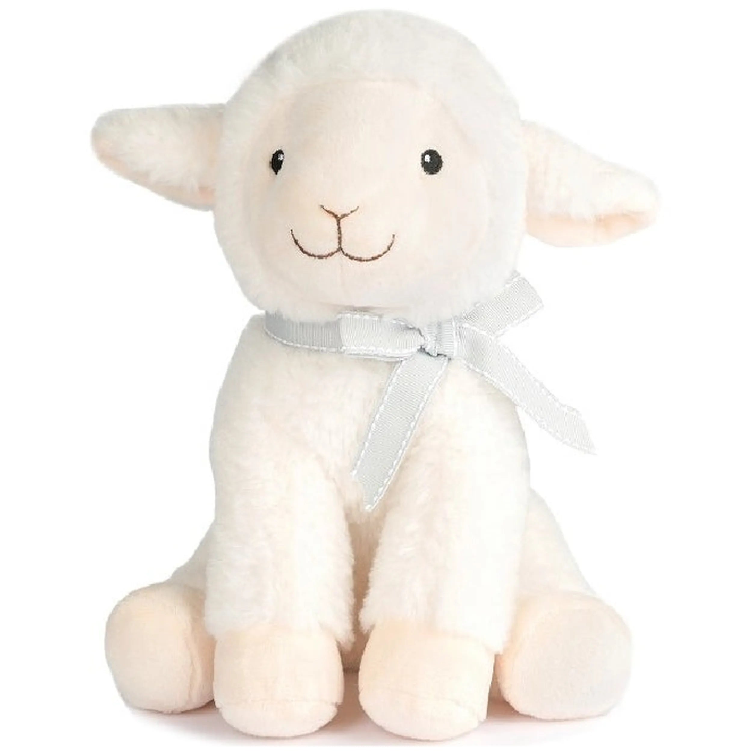 Soft white lamb plush with a sweet expression, sitting upright, wearing a light gray ribbon.