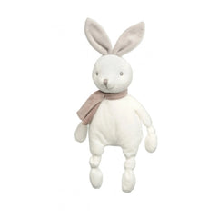 White rabbit plush rattle with floppy ears, a small scarf, and knotted paws designed for tactile play.