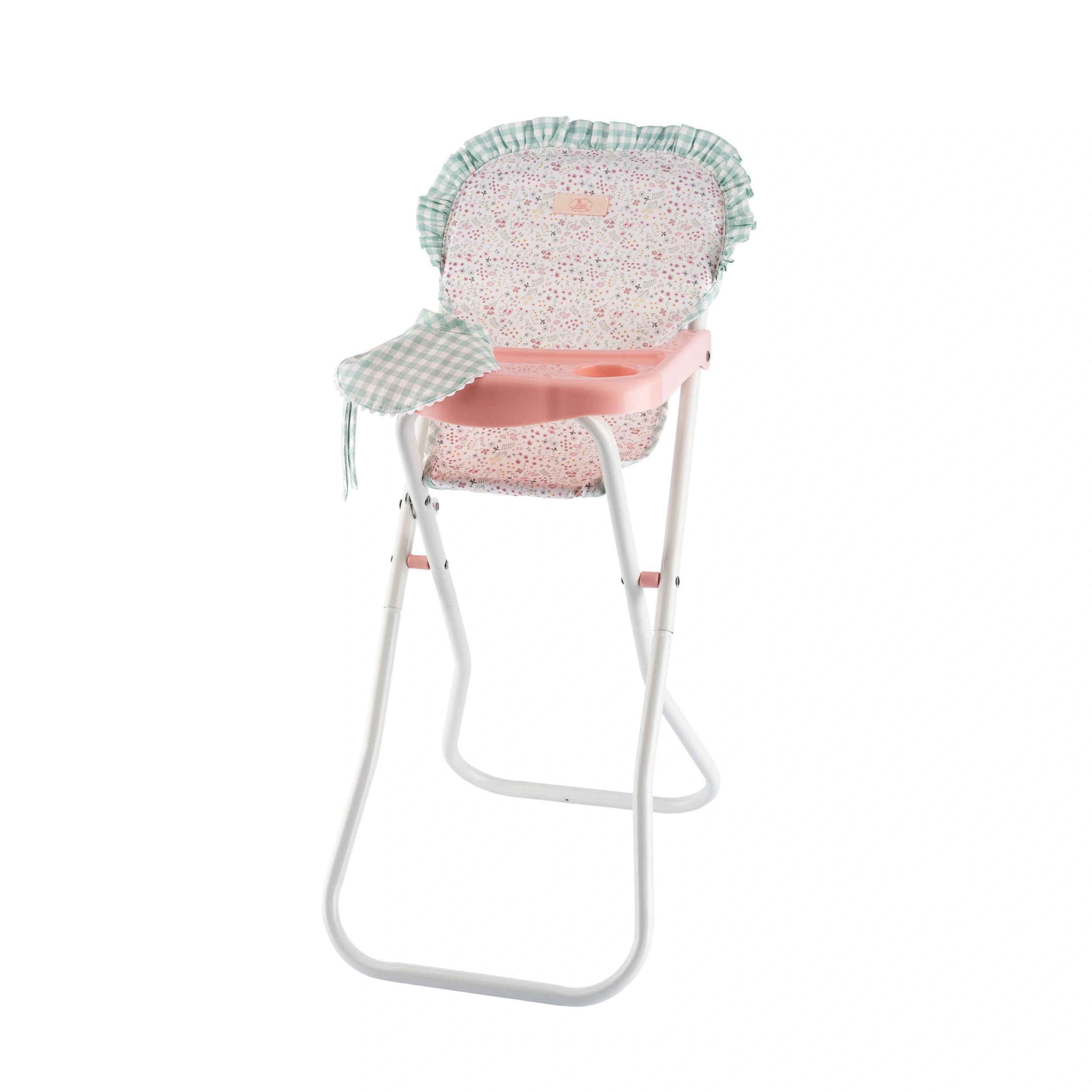 High chair for dolls with pink tray, floral cushion, and gingham bib, featuring white metal legs and ruffled edges.