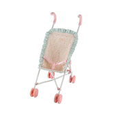 Pink and white doll stroller with soft fabric seat and pink wheels, designed for children’s play.