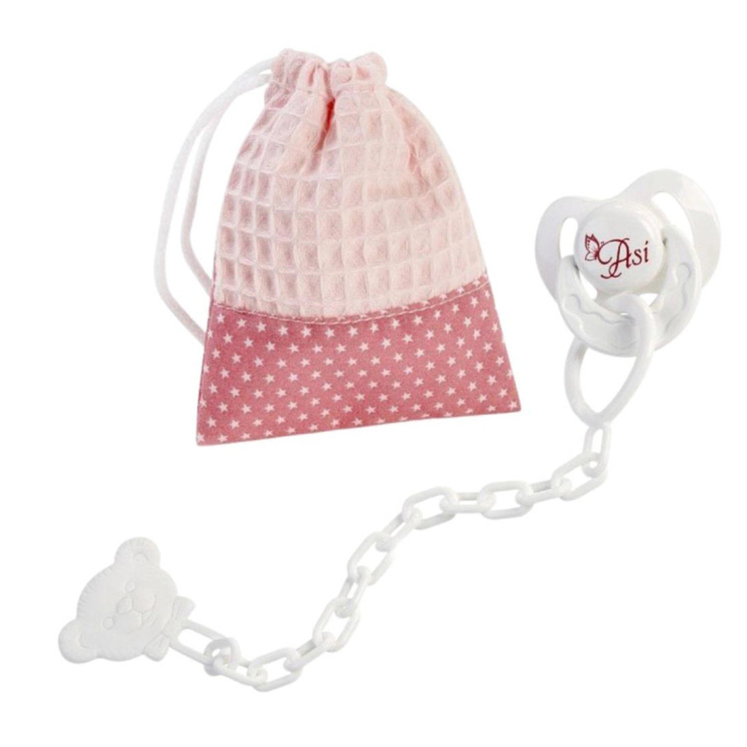 Pink pacifier with "Asi" logo and pink-white star storage bag, ideal accessory for Asi dolls.