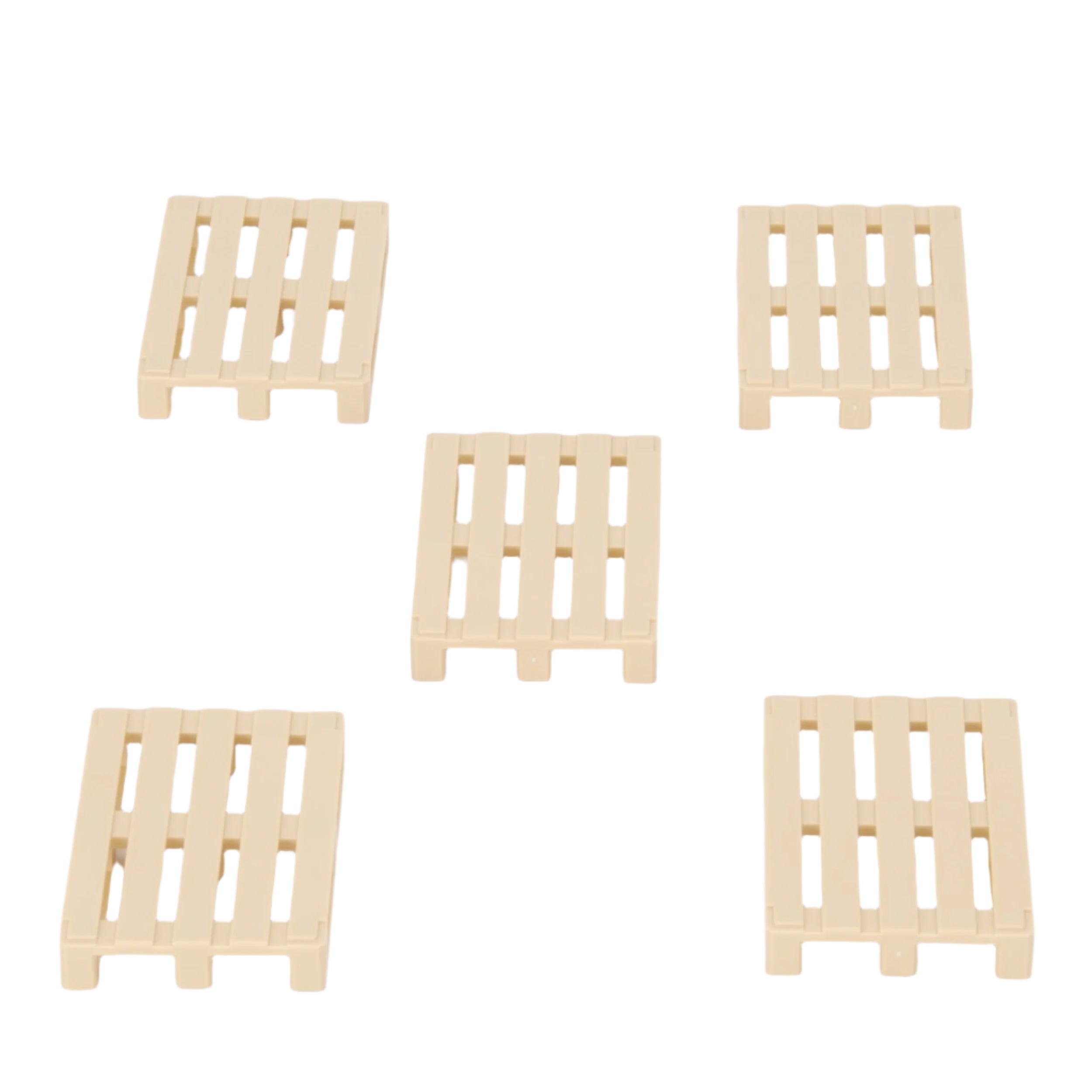 Five beige miniature Euro pallets arranged in a circular pattern on a white background.