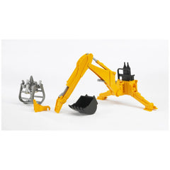 Yellow Bruder rear hydraulic arm with black bucket and gray grabber attachment on white background.