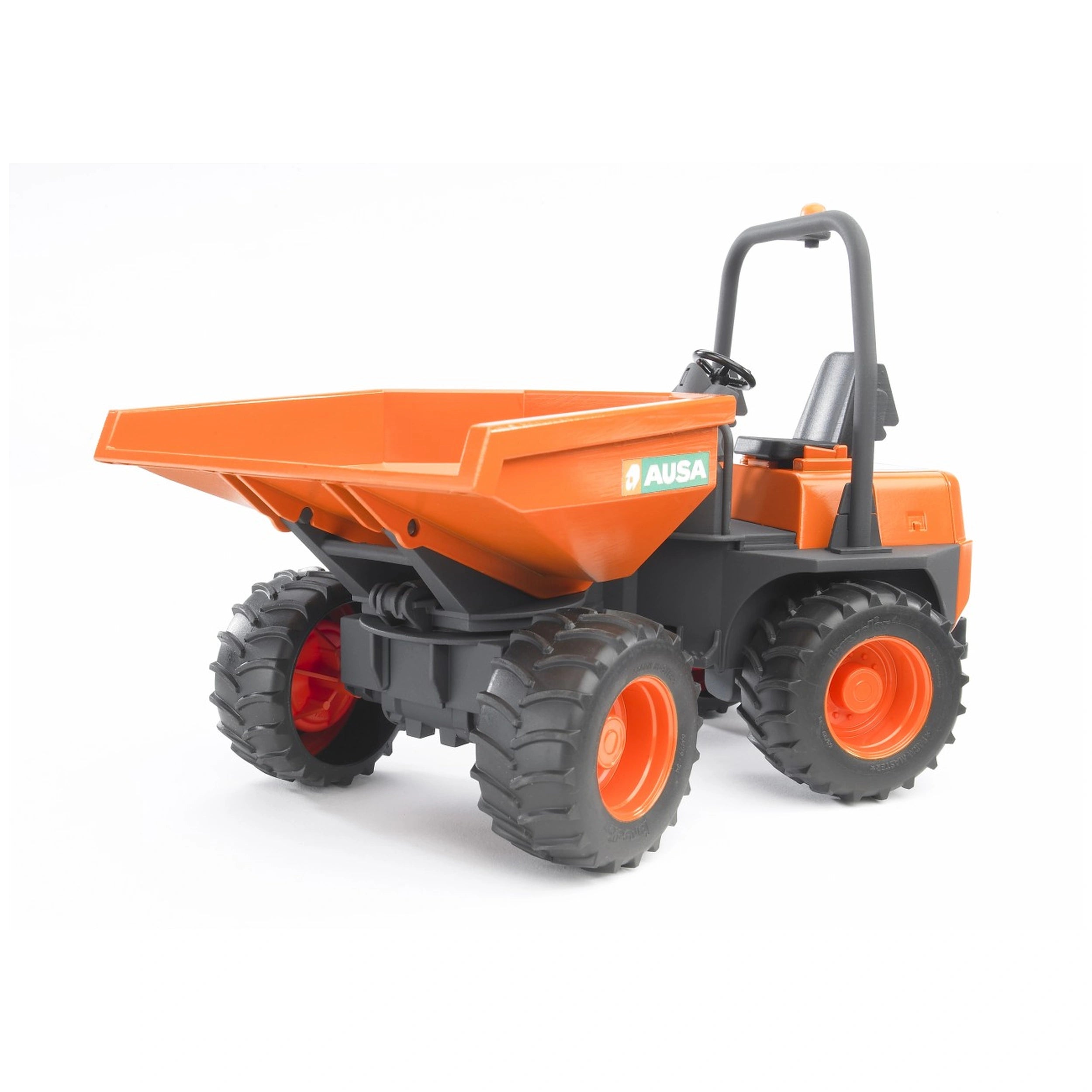 Orange Bruder AUSA Mini Dumper toy with black articulated steering and rotating tipping trough on white background.