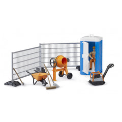 Construction set with toy worker, orange wheelbarrow, mixer, tools, vibrating plate, and blue portable toilet.