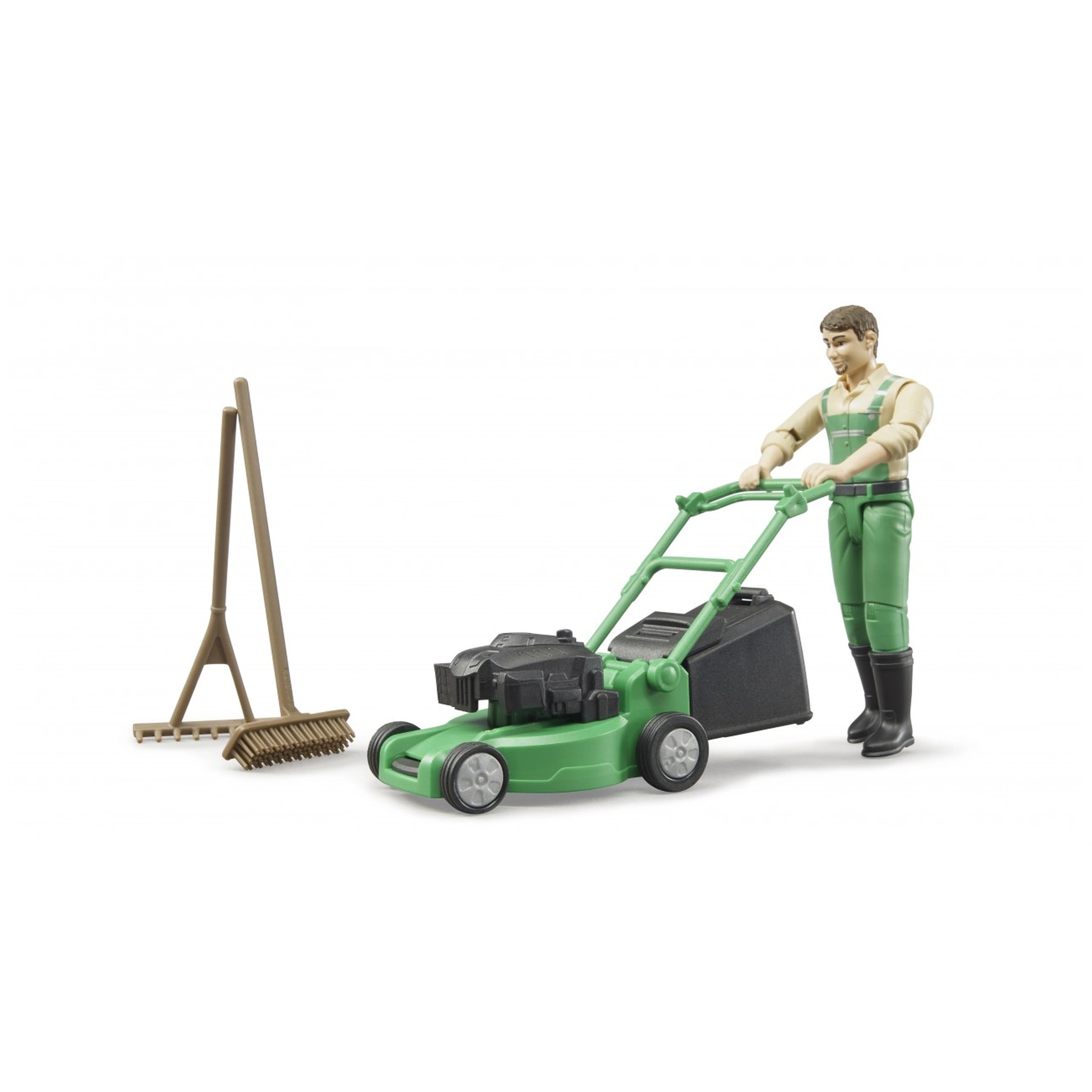 Gardener figure in green overalls with lawnmower, broom, and rake for imaginative play.