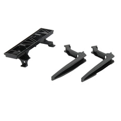 Black carrier plate with two detachable pallet forks for toy vehicles.