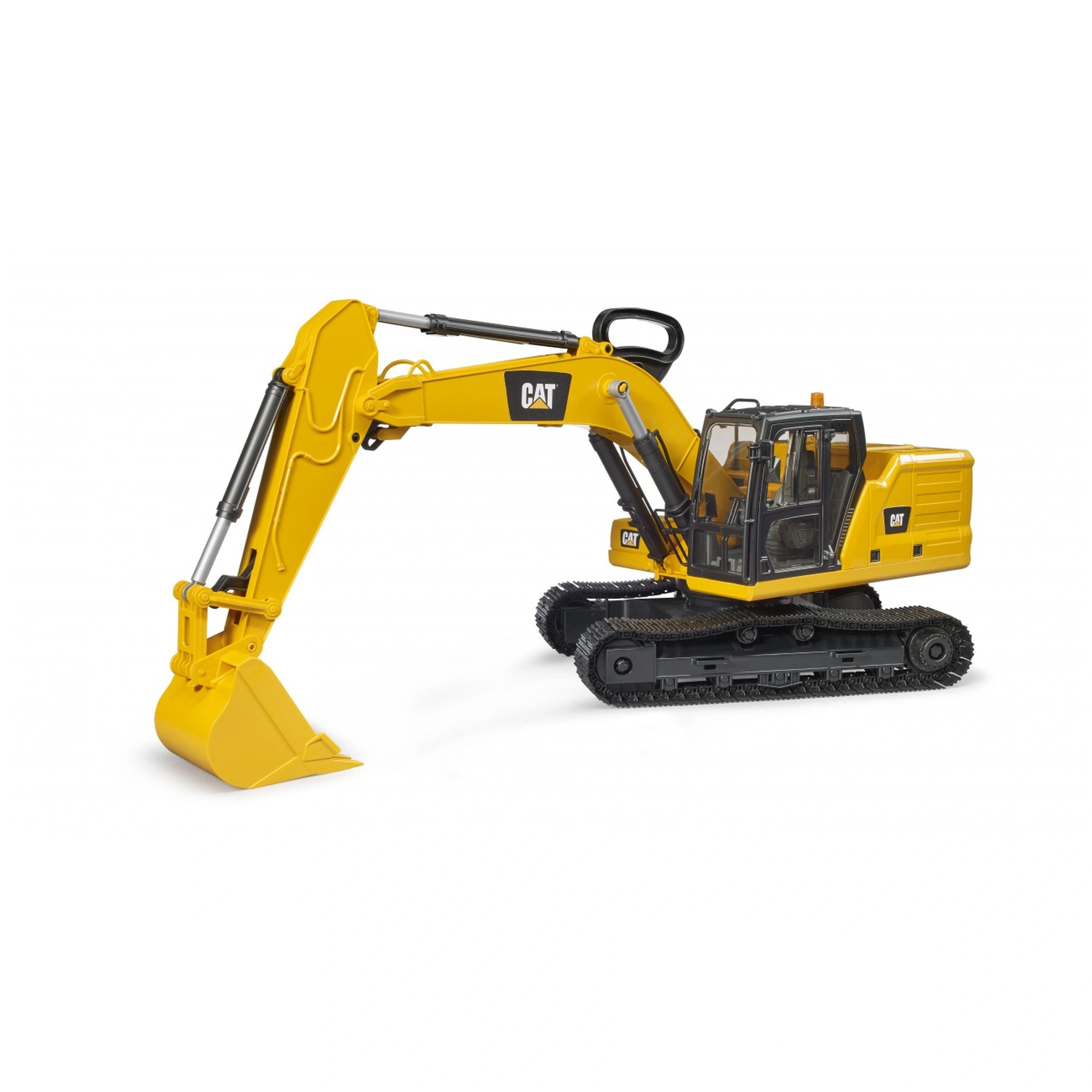 Yellow Bruder CAT Excavator toy with black tracks and detailed cabin.