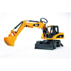 Yellow Bruder CAT Wheel Excavator toy with articulated arm and black wheels on a white background.