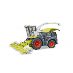 Bruder Claas Jaguar 980 Field Chopper toy with lime green and gray body, red wheels, and detailed corn header mechanism.