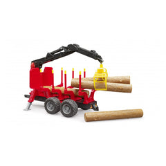 Red forestry trailer toy with black loading crane and yellow grab lifting log trunks. Features realistic wood details.