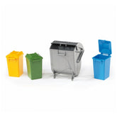 Three small bins in yellow, green, and blue, and one large grey bin for Bruder play vehicles.