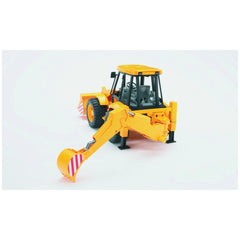 Orange Bruder JCB 4CX backhoe loader toy with detailed cabin, front loader, and stabilizer legs on a white background.