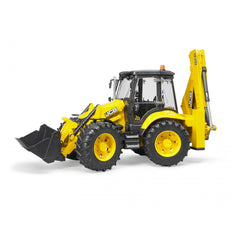JCB 5CX eco Backhoe Loader toy with realistic yellow and black features, front loader bucket, and rear excavator.