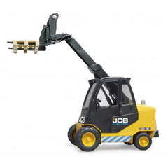 Yellow and black JCB teletruck toy with adjustable telescopic arm and pallet attachment.