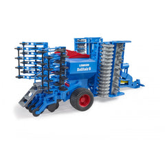 Bruder Lemken Solitair 9 play vehicle, blue and red, detailed 1:16 scale farm toy with realistic sowing mechanism.