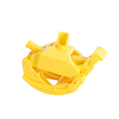 Yellow plastic crane grabber attachment for Bruder forestry tractor, featuring a rounded, open mechanism.