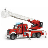 Red Bruder MACK Granite fire engine toy with extendable ladder and working lights.