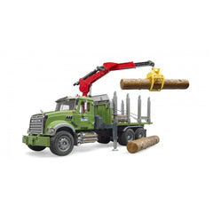 Green Bruder MACK Granite Timber Truck with red crane lifting a wooden log, showcasing realistic forestry play.