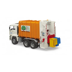 Orange and white toy garbage truck with rear-loading bins, promoting recycling, on white background.