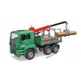 Green Bruder MAN Timber Truck with red loading crane lifting a log, featuring realistic details and rubber tires.