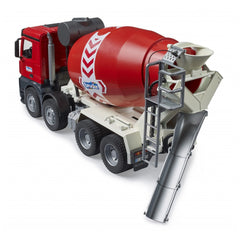 Red Bruder MB Arocs cement mixer toy truck with detailed cabin, silver chute, and black wheels.